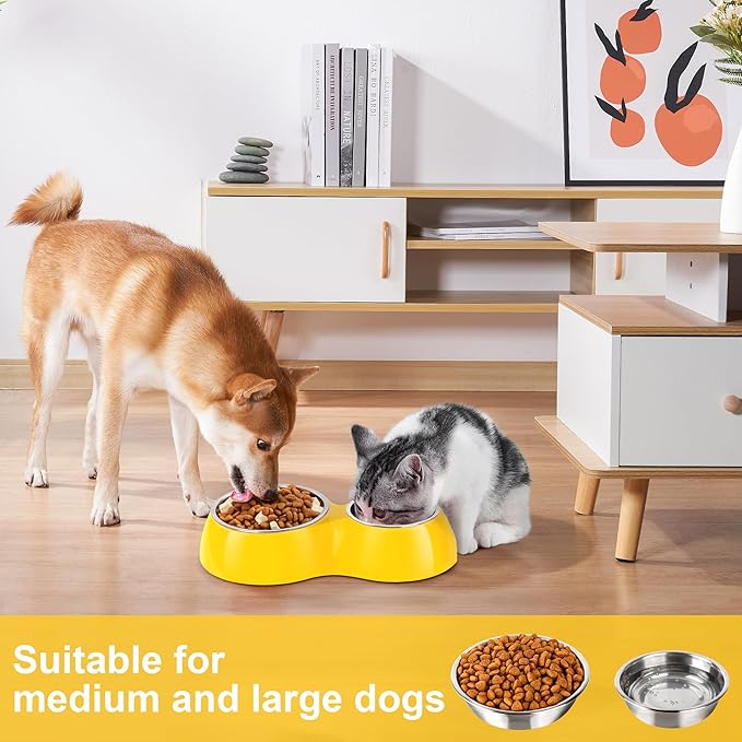 Elevated Dog Bowls Set - Non-Slip Raised Pet Feeder with Medium (2 Cups) & Large (4 Cups) Stainless Steel Bowls - Includes Durable Resin Stand for Puppies, Adult Dogs & Cats - Yellow-PurrikoPets