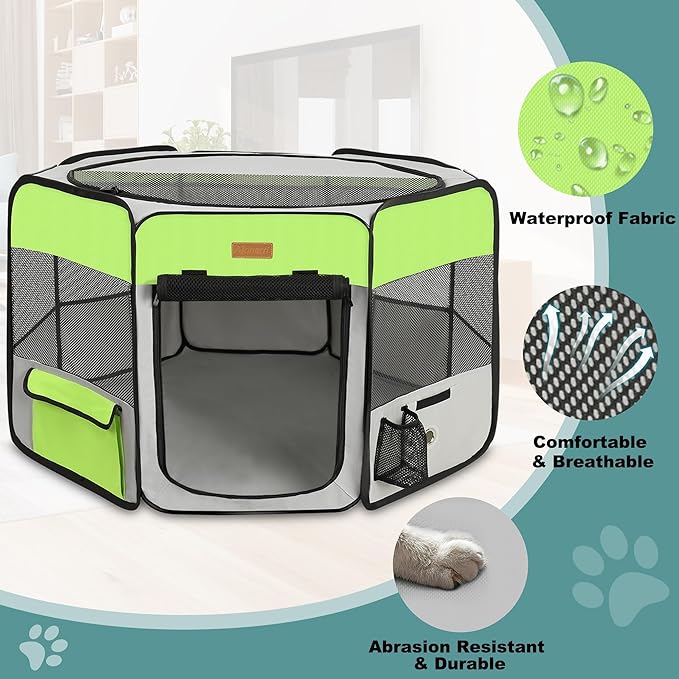 Dog Playpen, Portable Pet Play Pen for Cat, Puppies, Rabbits, Chickens, Foldable Large-Capacity Pet Tent for Indoor/Outdoor Travel Camping Green-PurrikoPets