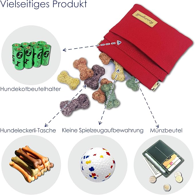 Dog Treat Pouch, Red Pocket Sized Pet Training Pouch, Cotton Fabric, Hand Free Dog Walking Bag with Carabiner, Self-Closing Pet Feed Snack Reward, for Puppy Travel or Outdoor Use-PurrikoPets