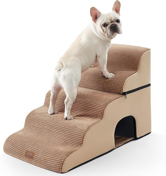 Extra Wide Dog Stairs with Tunnel, Detachable Large Pet Step for Small Medium Dog, Puppy or Cat, Ramp for High Bed, Couch, Sofa or Car, Stable, 19.7x33x22.4 inch, 5 Step, Light Brown-PurrikoPets