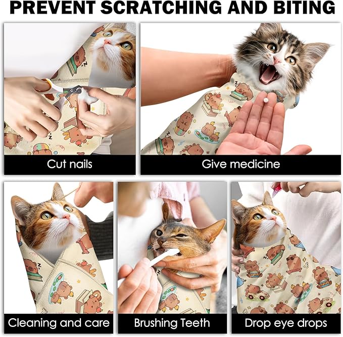27.6"Cat Grooming Wrap, Self Adhesive Cat Wrap for Cutting Nails, Anti-Escape Calming Cat Swaddle Wrap for Medicine Ear Cleaning, Anti-Scratch Cats Burrito Restraint Blanket, Multifunctional Pet Tool-PurrikoPets