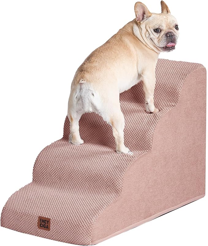 EHEYCIGA Curved Dog Stairs Ramp for High Beds 19.7" H, 4-Step Dog Steps for Small Dogs and Cats, Pet Stairs for High Bed Climbing, Non-Slip Balanced Pet Step Indoor, Dusty Pink-PurrikoPets