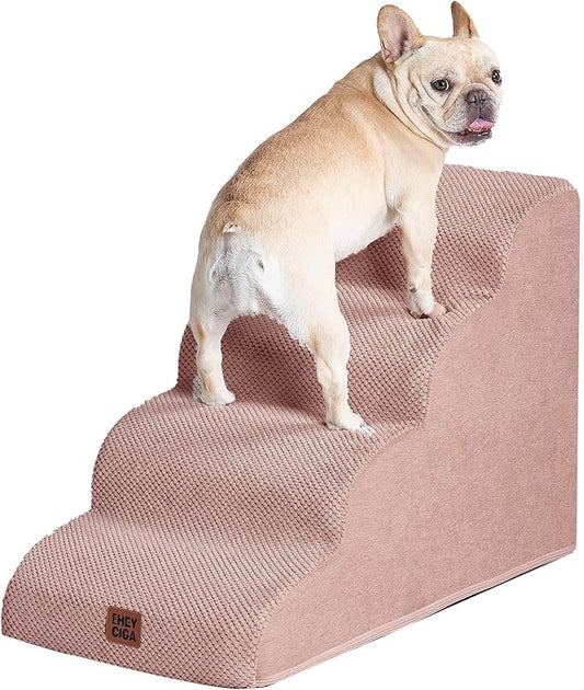 EHEYCIGA Curved Dog Stairs Ramp for High Beds 19.7" H, 4-Step Dog Steps for Small Dogs and Cats, Pet Stairs for High Bed Climbing, Non-Slip Balanced Pet Step Indoor, Dusty Pink-PurrikoPets
