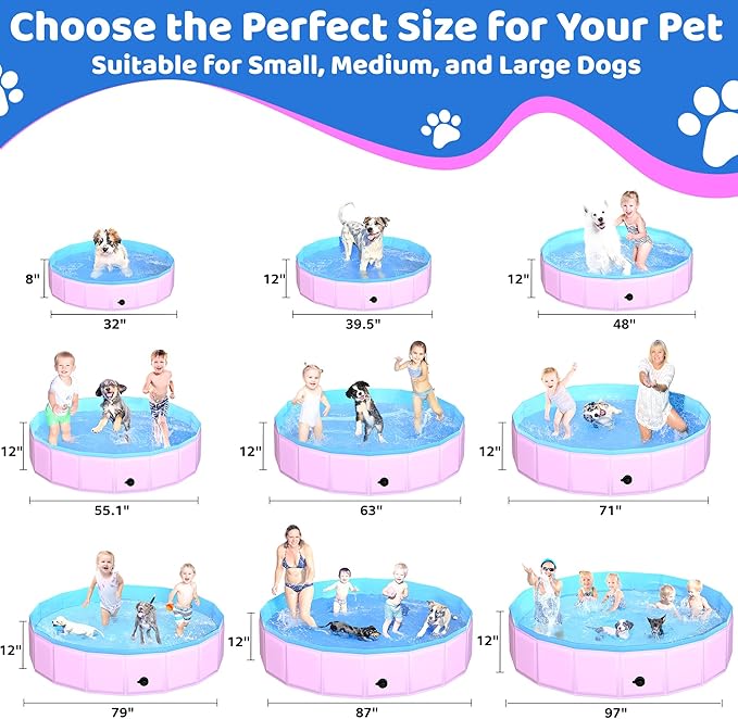 2025 Updated Foldable Dog Pool, 39.5" x 12" Kiddie Pool with Hard Plastic, Non-Slip Dog Bath Tub for Outdoor Backyard, Collapsible Dog Swimming Pool for Kids Dogs Pets (Pink)-PurrikoPets