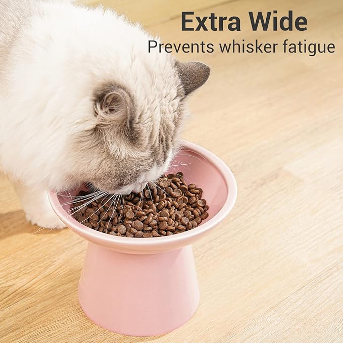 Extra Wide Elevated Ceramic Cat Food Bowl - 6.2" Shallow Dish for Whisker Fatigue Relief, 5" Height for Easy Feeding, Lead & Cadmium Free, Durable Raised Cat Food Bowls, Pink-PurrikoPets