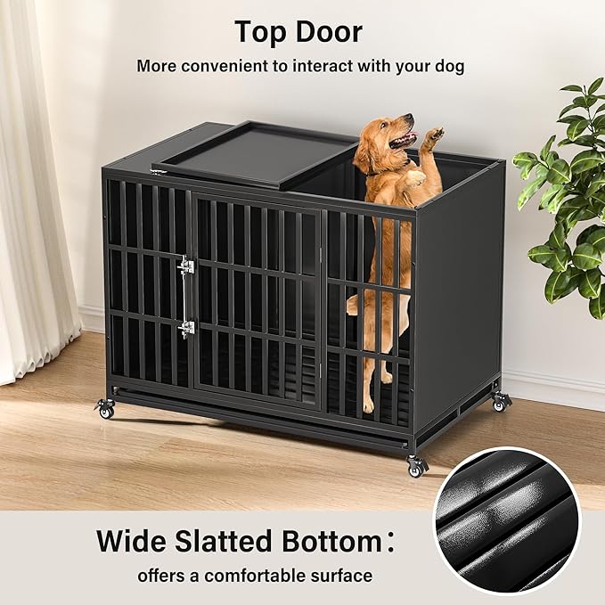 48 inch Heavy Duty Dog Crate with Self-Locking Latch, Indestructible Large Steel Kennel with Enclosed Design, Escape-Proof and Chew-Proof Pet Cage for High Anxiety Dogs-PurrikoPets