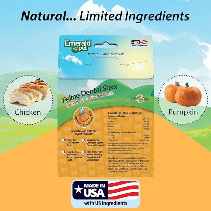 Emerald Pet Feline Dental Stixx — Tasty and Crunchy Cat Dental Sticks with Pumpkin for Digestive Health — Natural Grain Free Dental Treats for Clean Cat Teeth and Fresh Breath — Chicken Stixx, 3.6 oz-PurrikoPets
