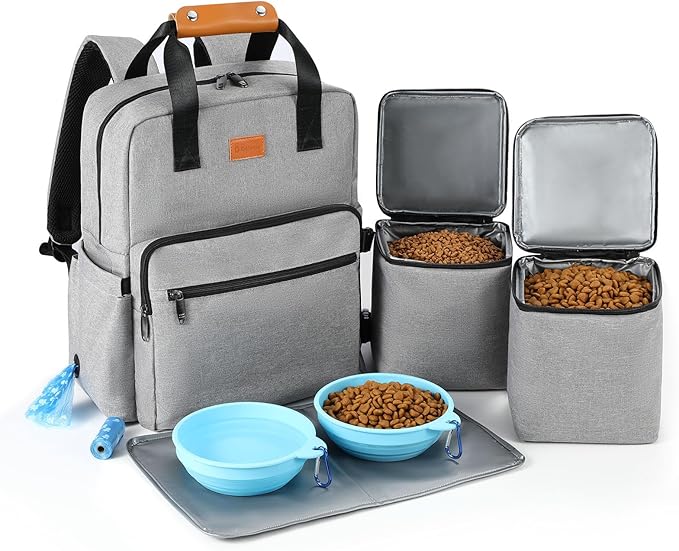Dog Travel Bag, 25L Airline Approved Dog Travel Backpack for Pet Travel Accessories with 2 Food Storage Containers, 2 Foldable Bowls for Short Trips, Grey-PurrikoPets