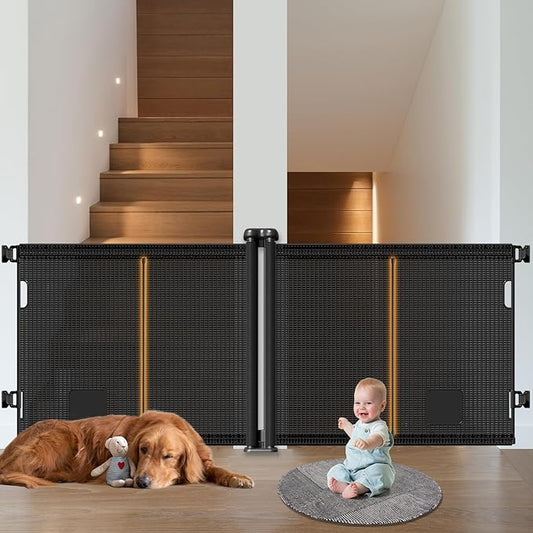 2-in-1 Retractable Baby Gates, 41" Tall Mesh Dog Gate with Cat Door 1-Pack, One Side Up to 71" Wide, Total 142" Wide, Long Retractable Pet Gate for Stairs Landing Indoor Outdoor-Black-PurrikoPets