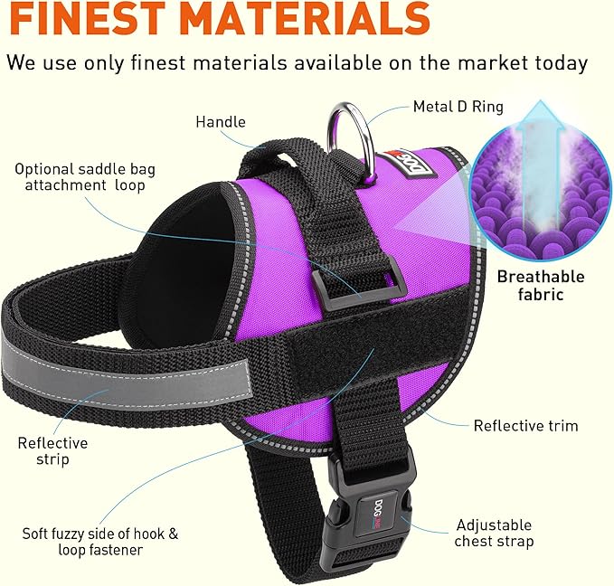 Dogline Dog Harness, Reflective No-Pull Adjustable Vest with Handle for Walking, Training, Breathable, No - Choke Harness for Small, Medium or Large Dogs Room for Patches Girth 33"-46" in Purple-PurrikoPets