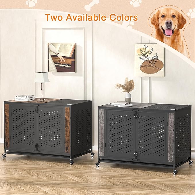 48" Heavy Duty Dog Crate Furniture for Extra Large Dogs, Enclosed Design with 0.5 inch Holes, Indestructible Metal Kennel for High Anxiety Dogs, Chew Proof Pet House Cage Indoor, Gray-PurrikoPets