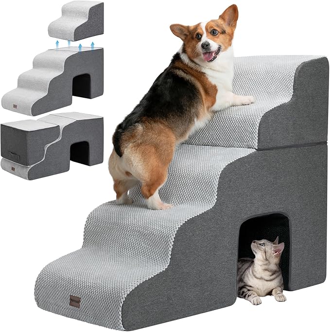 Dog Stairs for High Beds with Tunnel, 5-Step Dog Steps for Small Dogs and Cats, Foldable Pet Stairs for High Bed Climbing, Non-Slip Balanced Pet Step Indoor, Light Grey-PurrikoPets