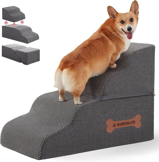 Dog Stairs 4 Steps for Small Dogs and Cats to Get on High Beds, Couch or Car, Pets Can Climb, Sit, Lie Down or Perch to Look Out Windows on The Spliceable Ramp, Provides Support, Grey（19" H）-PurrikoPets