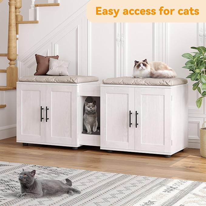 Gaomon Litter Box Enclosure with Double Cage, Cat House,Hidden Litter Box Enclosure Furniture for 2 Cats, Wooden Enclosed Cat Litter Box Furniture,55”L x 17.7”W x 22.5”H,White-PurrikoPets