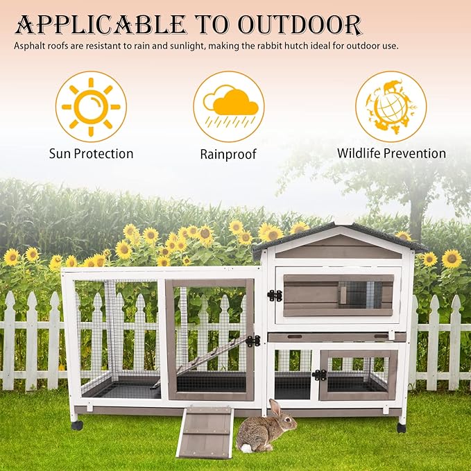 57" L Rabbit Hutch Indoor Outdoor 2 Story Large Bunny Hutch with Run Guinea Pig Cage Wooden Rabbit Cage with Removable 3 Pull Out Trays Pet House for Small-Medium Animals-PurrikoPets