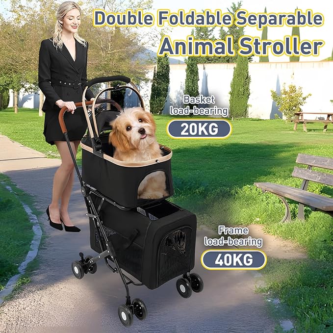 Double Pet Stroller for 2 Dogs or Cats, Folding Dog Stroller with 2 Detachable Carrier Bags, Safety Belt, 4 Lockable Wheels, Separate Compartments, for Multi-Pet Homes (Black)-PurrikoPets