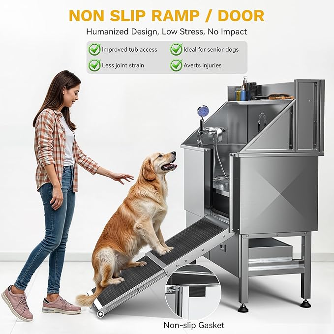DWVO Professional Dog Bathing Station Stainless Steel 304 Dog Bathtub 50in for Grooming w/Left Door Ramp, 2 Storage Drawers, Faucet, Grate, Pet Washing Station for Large, Medium, Small Pets-PurrikoPets