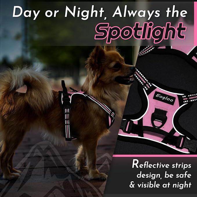 Eagloo Small Dog Harness No Pull, Service Vest with Reflective Strips and Control Handle, Adjustable and Comfortable for Easy Walking, No Choke Pet Harness with 2 Metal Rings, Pink, XS-PurrikoPets