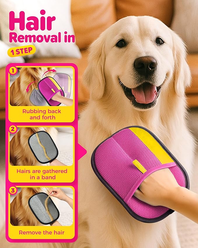 2025 Thickened Electrostatic Pet Hair Removal Gloves (2 Pcs) - Reusable Strong Grooming Gloves for Cats & Dogs, Hair Remover for Couch, Furniture, Carpet, Car Seats & Clothing (Pink)-PurrikoPets