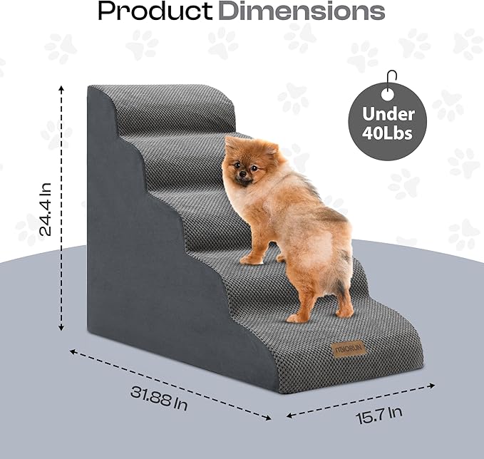 Dog Stairs for High Beds Up to 30", Extra-Tall 24.5" 5-Step Foam Pet Ramp with Washable Cover, Gentle Slope Steps, Bed & Couch Ladder for Small Medium Dogs & Senior Cat, Puppy Climbing Stairs-PurrikoPets