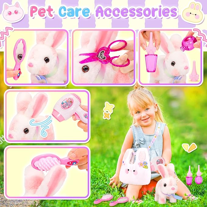 Easter Bunny Toys for Kids with Crossbody Bags, Easter Basket Stuffers Interactive Hopping Wiggle Ears Rabbit Toy, Pretend Play Robot Pet Care Cute Stuff for Girls Trip Plushies Birthday Gifts-PurrikoPets
