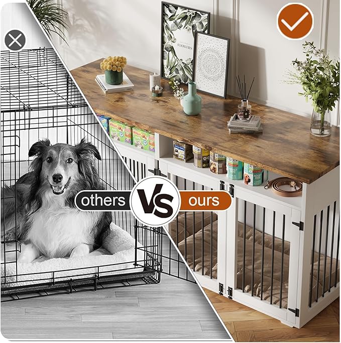 63'' Dog Crate Furniture for 2 Dogs, Wooden Dog Cage with Storage Compartment, Indoor Dog Kennel with 4 Doors for Large/Medium Dogs, White-PurrikoPets