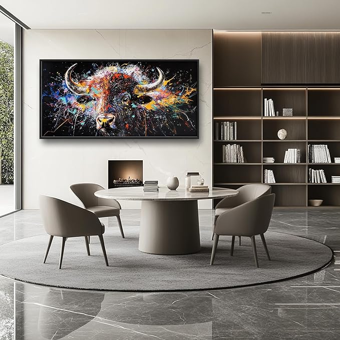Framed Large Bison Buffalo Wall Art for Living Room, Oversized Graffiti Yak Cow Wall Decor Banksy Bull Canvas Painting Animal Pictures Modern Artwork for Living Room Bedroom Office 60"x30"-PurrikoPets