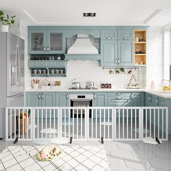 Dog Gates for Doorways Extra Wide 110inches (9ft), Wooden Freestanding Pet Gates for Dogs with 4 Support Stands, Foldable Gates for Dogs Indoor-PurrikoPets