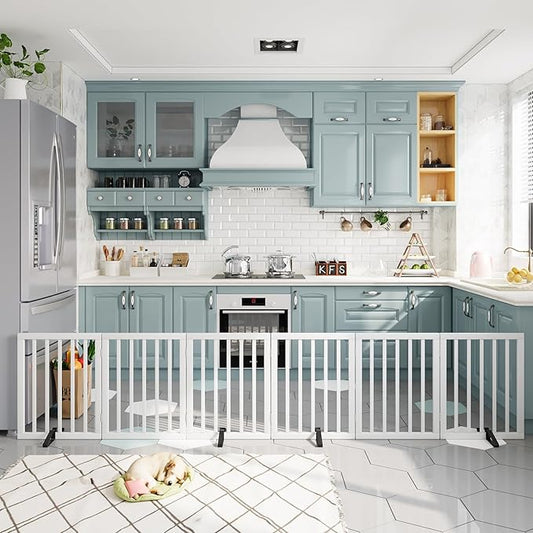 Dog Gates for Doorways Extra Wide 110inches (9ft), Wooden Freestanding Pet Gates for Dogs with 4 Support Stands, Foldable Gates for Dogs Indoor-PurrikoPets