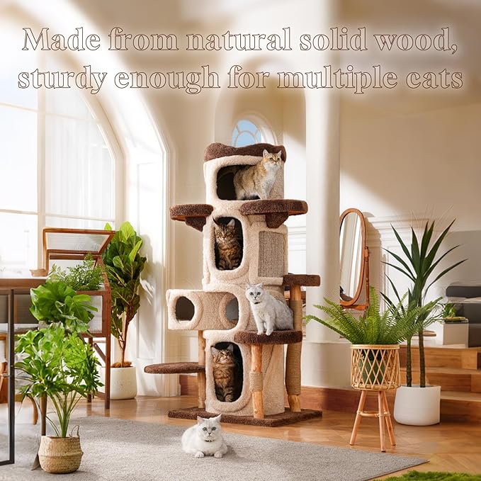 70" Heavy Duty Cat Tree for Large Cats with Toys, All-in-One Cat Tower with Cat Perch, Tall Cat Tower with Scratching Post, Brown Modern Cat House-PurrikoPets