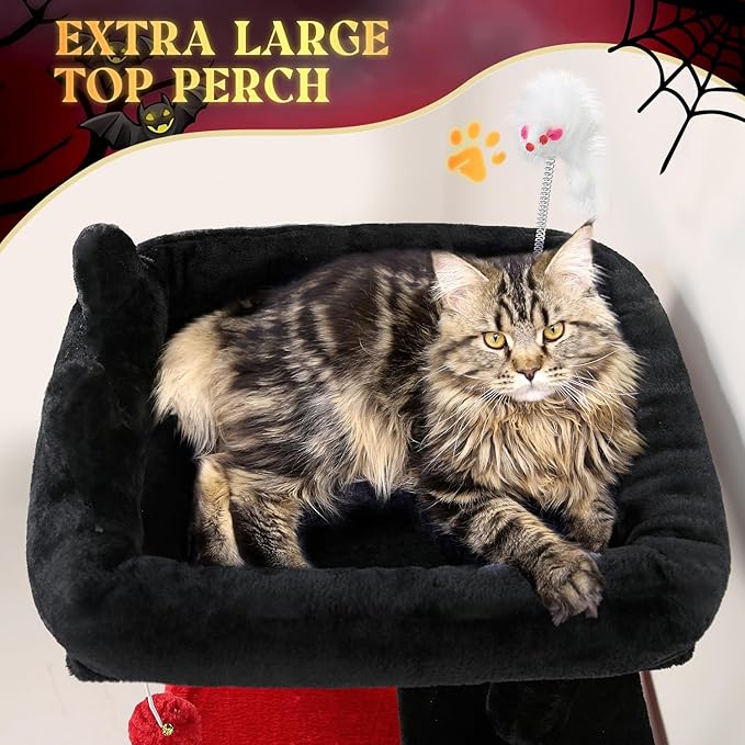 Globlazer Gothic Cat Tree Tower for Indoor Cats, 50-inch Goth Adult Cat Tree House for Large Adult Cats with Steps, Scratching Post, 2 Cat Caves, Dangling Toys, FC50, Blood-Goth-PurrikoPets