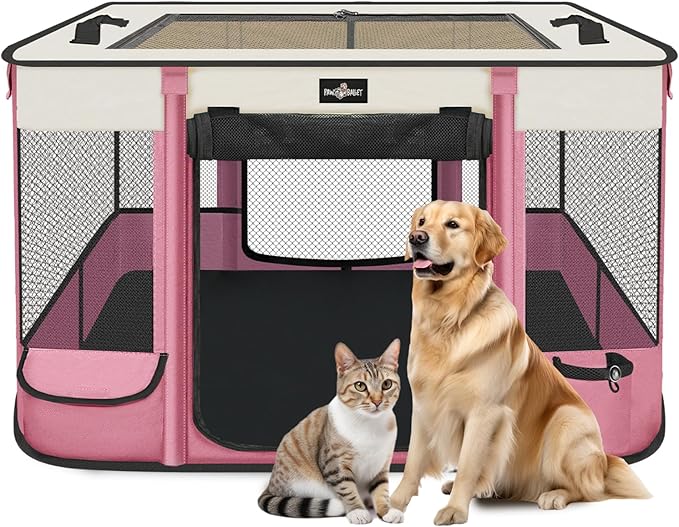 Foldable Pet Kitten Playpen, Upgrade Waterproof Portable Cat Dog Playpen Kennel Tent for Small Dog Cat, Removable Shade Cover, Come with Free Carrying Case, Indoor Outdoor Use for Small Pet, Pink-PurrikoPets