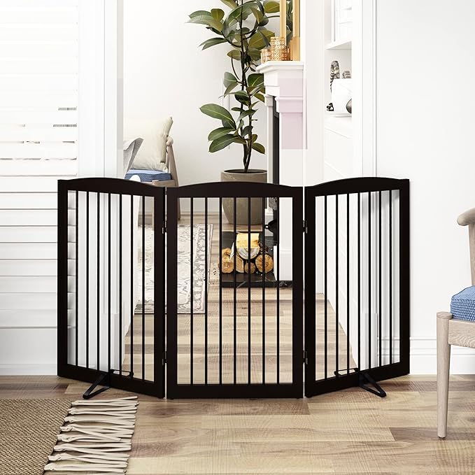 Freestanding Pet Gate for Dogs, Foldable Wooden Dog Gate for House Indoor, Tall Pet Fence for Stair, Doorway,Hall, Support Feet Included, 3 Panels 32",Brown-PurrikoPets