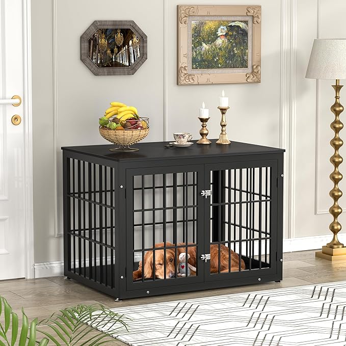 42 Inch Heavy Duty Dog Crate Furniture for Large and Medium Dogs, Decorative Pet House End Table, Wooden Cage Kennel Furniture Indoor, Black-PurrikoPets