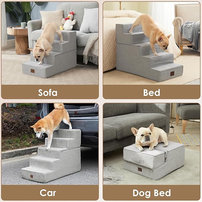 EHEYCIGA Dog Stairs for High Bed 22.5" H, 5-Step Dog Steps for Bed, Pet Steps for Small Dogs and Cats, Non-Slip Balanced Pet Ramp Indoor, Light Grey-PurrikoPets
