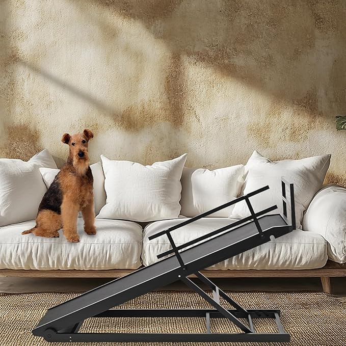 Dog Ramp for Bed, 5 Level Adjustable Dog Ramp for High Beds, Upgrade Rubber Mat High Traction Ramp with Safety Rails, Folding Pet Ramp for Bed, Couch,SUV, Natural Wood Pet Ramp for Small & Old Dogs-PurrikoPets
