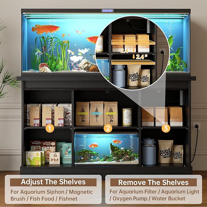 55-75 Gallon Fish Tank Stand with Sliding Barn Doors & Power Outlet, Heavy Duty Aquarium Stand with Cabinet Storage for Fish Tank, Turtle Tank, Reptile Terrarium, 1000LBS Capacity, Black-PurrikoPets