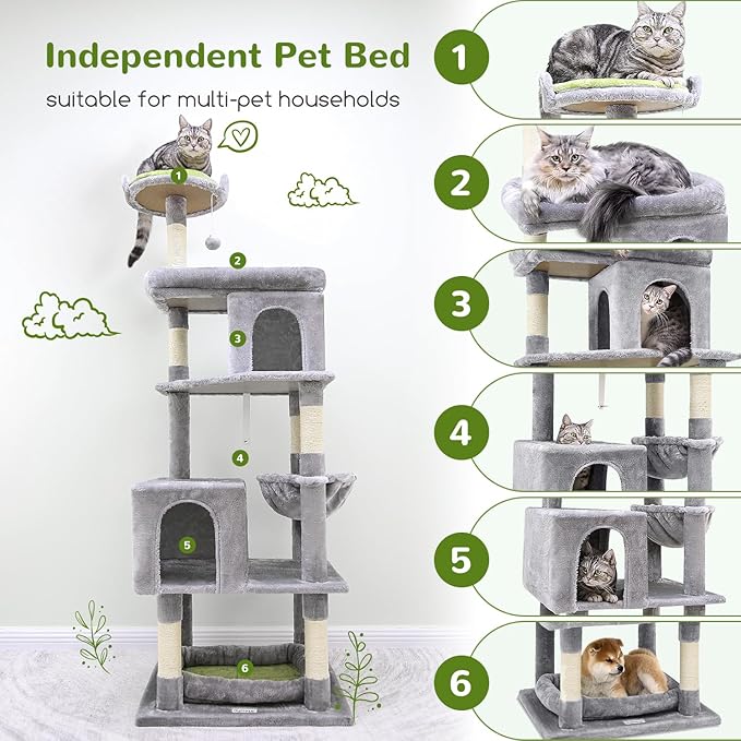Globlazer Heavy Duty Cat Trees for Large Cats, Sturdy 72in Maine Coon Cat Tree for Large Cats 20 lbs+ Heavy Duty Cat Tower for Adult Biggest Cat with 6 Scratching Posts, Hammock, S72, Light Grey-PurrikoPets