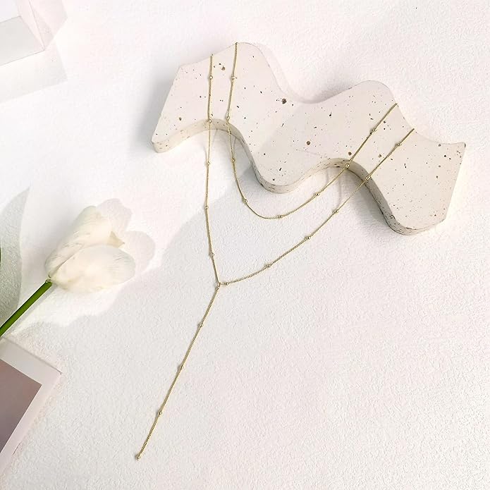 Lariat Silver/Gold Necklace for Women 925 Silver/14K Gold Plated Dainty Long Necklace Y-Shaped Drop Pendant Necklaces Choker Trendy Chain Simple Layered Necklaces CZ Jewelry for Women Set Gift