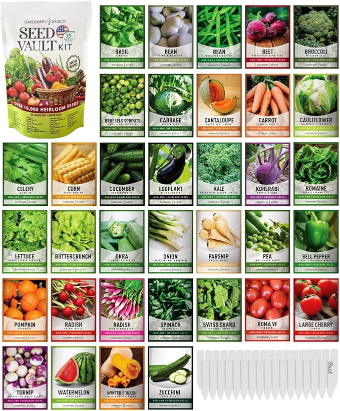 Gardeners Basics Survival Vegetable Seeds Garden Kit Over 16,000 Seeds Non-GMO and Heirloom, Great for Emergency Bugout Survival Gear 35 Varieties Seeds for Planting Vegetables 35 Free Plant Markers-PurrikoPets