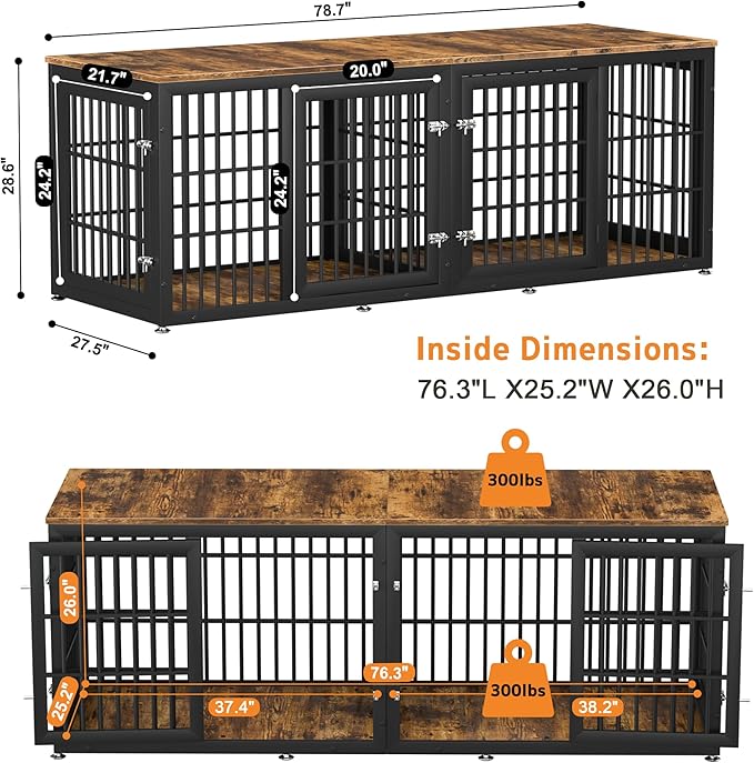 78 Inch Double Dog Crate Furniture, Heavy Duty Extra Large Cage Furniture with Divider for 2 Dogs, Decorative Wooden Kennel Furniture Indoor, Metal Pet House for Large and Medium Dogs-PurrikoPets