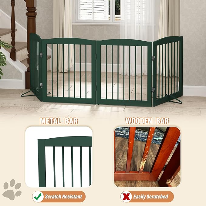 Freestanding Pet Gate for Dogs, Foldable Wooden Dog Gate for House, Indoor Dog Gate for Stairs, Doorways, Step Over Pet Puppy Safety Fence, 80 Inch Wide, 4 Panels 24", Green-PurrikoPets