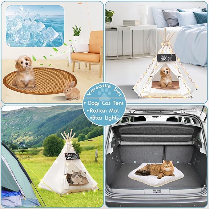 20" Dog& Cat Teepee Tent +24" Pet Cooling Mat +10ft Star String Light [2-Modes],Cotton Thicked Soft Comfort Anti-Slip Cushion (Used/Wash Separately),Medium Pets Tents House Indoor or Outdoor-PurrikoPets