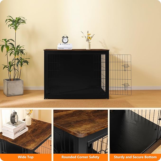 DWANTON Dog Crate Furniture with Cushion, Wooden Kennel Table with Double Doors, Indoor Dog House, Extra Large Size, 43.3" L, Black+Rustic Brown-PurrikoPets
