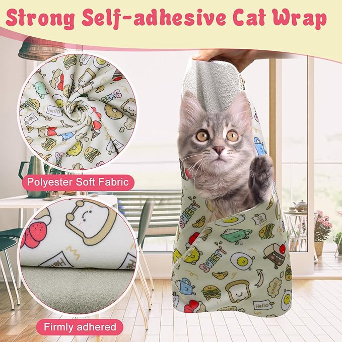 4p Cat Wrap for Cutting Nails Set, Self-Adhesive Cat Wrap Comfortable & Soft Cat Grooming Wrap Suitable for Many Cat Sizes Cat Burrito Wrap for Trimming Nails-PurrikoPets