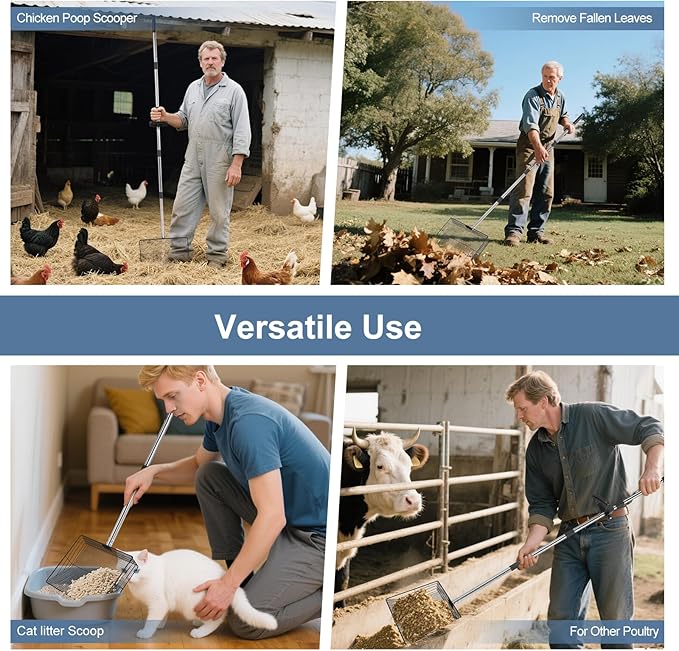 15inch Large Chicken Poop Scooper with Ergonomic Grip, 5 in 1 Adjustable Chicken Coop Pooper Shovel (24 to 76.5"), Stainless Steel Litter Sifting Shovel Scoop for Chicken Coop/Goat Stall/Stable-PurrikoPets