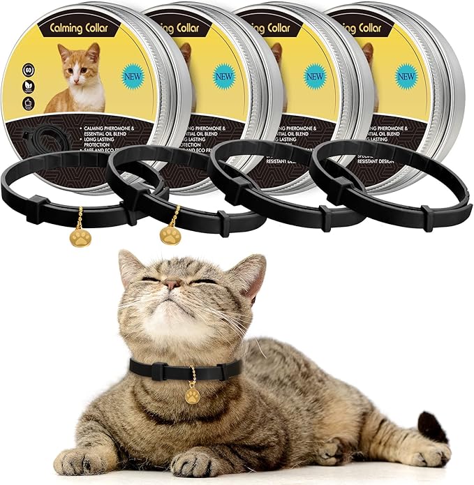 4 Pcs Cat Calming Collar Adjustable Lavender Scent Relaxing Cat Collar with 2 Pendant for Puppies Reduce Stress Aggression Anxious, up to 15 Inches(Black)-PurrikoPets