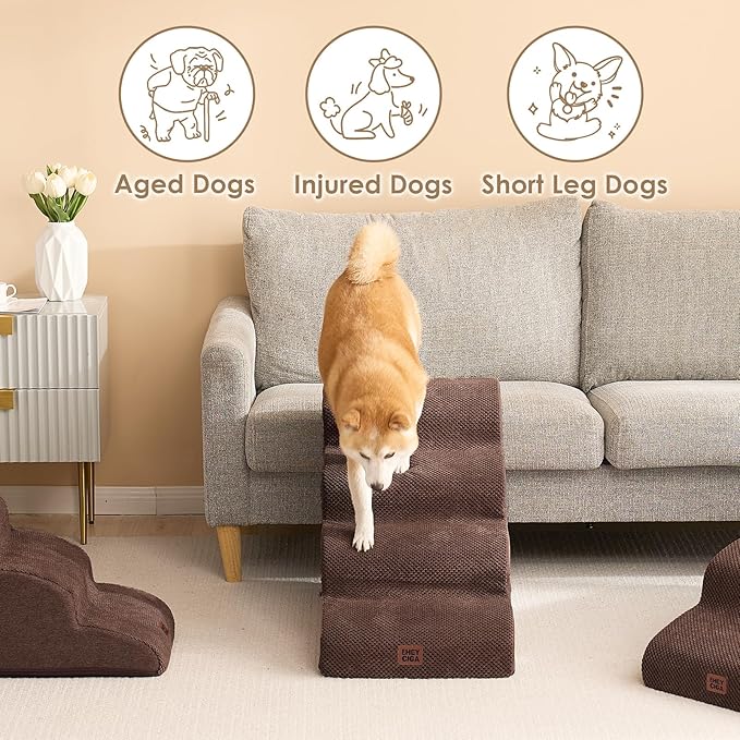 EHEYCIGA Curved Dog Stairs Ramp for High Beds 19.7" H, 4-Step Dog Steps for Small Dogs and Cats, Pet Stairs for High Bed Climbing, Non-Slip Balanced Pet Step Indoor, Brown-PurrikoPets
