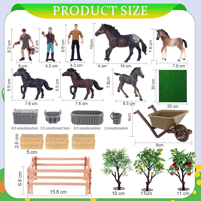 27 Pcs Horse Ranch Playset, 5 Horse Figurines 3 People Figurines 8 Fence 3 Model Trees 1 Moss Mat for Diorama Project Educational Gift Cake Topper-PurrikoPets