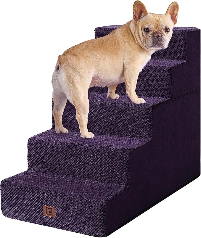 EHEYCIGA Dog Stairs for High Bed 22.5" H, 5-Step Dog Steps for Bed, Pet Steps for Small Dogs and Cats, Non-Slip Balanced Pet Ramp Indoor, Purple-PurrikoPets